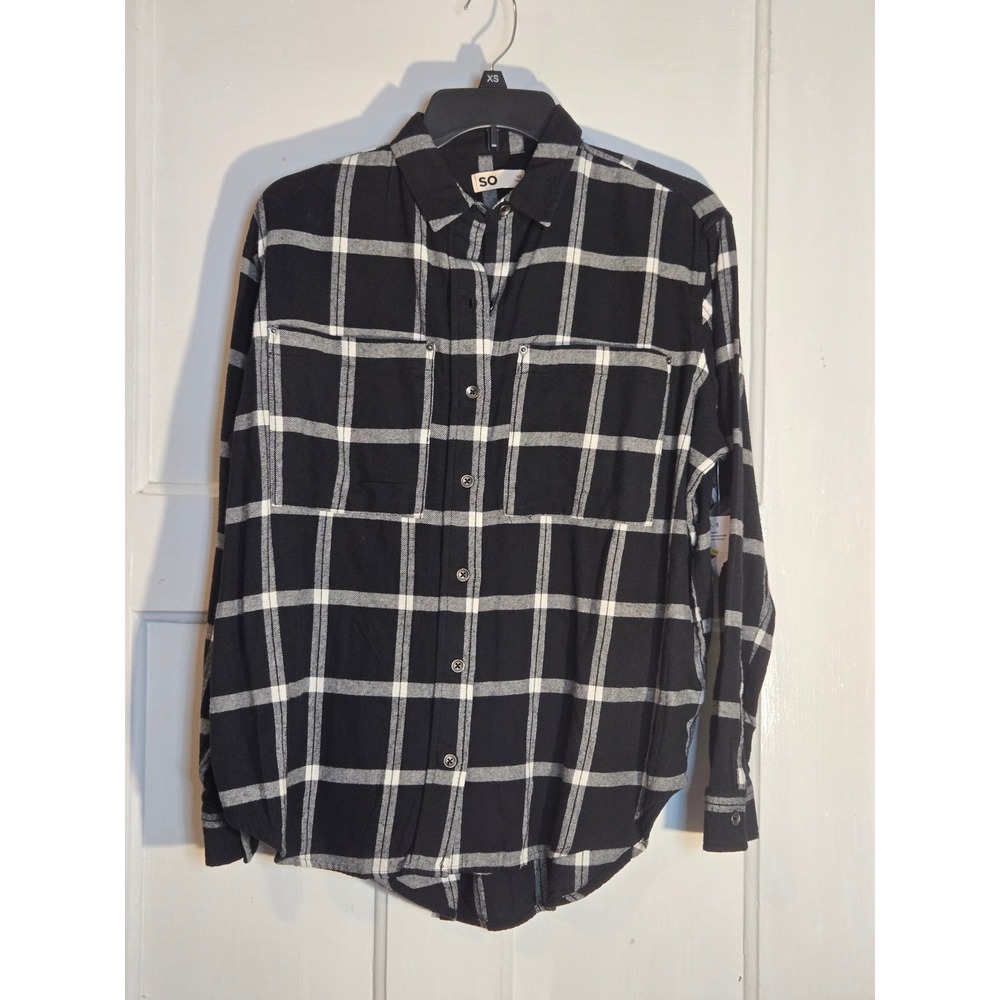 SO Black White Plaid Flannel Button Down Shirt Womens XS Long Sleeve Cotton